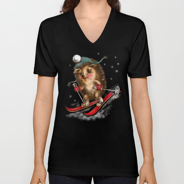 Hedgehog skier V Neck T Shirt