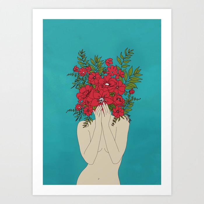 Blooming Red Kunstdrucke | Drawing, Gemälde, Ilustration, Blumen, Mohnblume, Woman, Porträt, Abstrakt, Blühen, Blossom