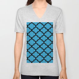 Quatrefoil Pattern In Black Outline On Light Blue V Neck T Shirt