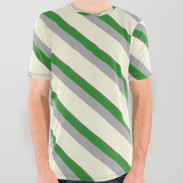 [ Thumbnail: Dim Grey, Forest Green, Dark Gray & Beige Colored Pattern of Stripes All Over Graphic Tee ]