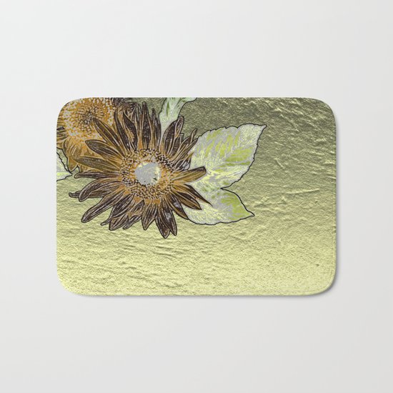 Abstract burnt orange sunflower on golden foil like background Bath Mat