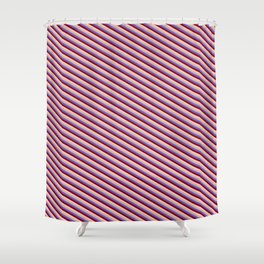 [ Thumbnail: Slate Blue, Maroon, Pink & Tan Colored Lines/Stripes Pattern Shower Curtain ]