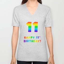 [ Thumbnail: HAPPY 11TH BIRTHDAY - Multicolored Rainbow Spectrum Gradient V Neck T Shirt V-Neck T-Shirt ]