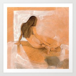 Female Nude Drawing in Orange and White Woman Lying on Side Back View Art Print