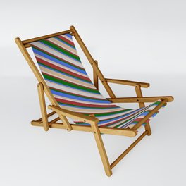 [ Thumbnail: Vibrant Royal Blue, Tan, Light Grey, Brown & Dark Green Colored Striped Pattern Sling Chair ]