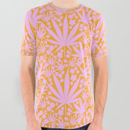 Mid-Century Modern Cannabis And Flowers Pink Orange All Over Graphic Tee