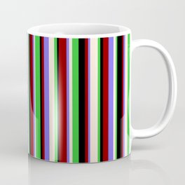 [ Thumbnail: Colorful Lime Green, Beige, Medium Slate Blue, Dark Red & Black Colored Stripes Pattern Coffee Mug ]