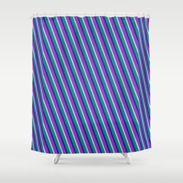 [ Thumbnail: Midnight Blue, Dark Orchid, Light Gray & Dark Cyan Colored Stripes/Lines Pattern Shower Curtain ]