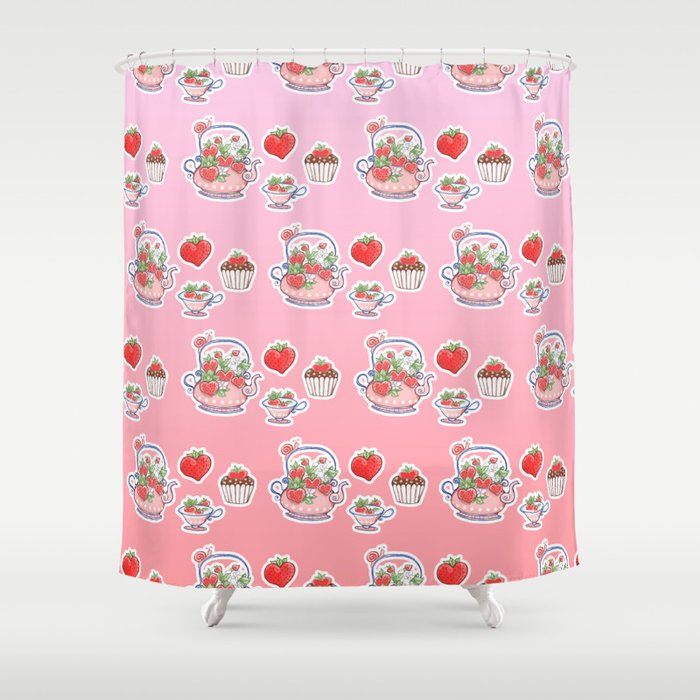 Strawberry teapot with cup and muffin Shower Curtain
