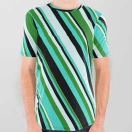 [ Thumbnail: Turquoise, Black, Light Cyan, and Forest Green Colored Stripes Pattern All Over Graphic Tee ]