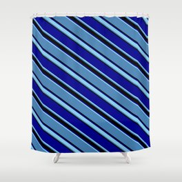 [ Thumbnail: Blue, Black, Dark Blue & Sky Blue Colored Pattern of Stripes Shower Curtain ]
