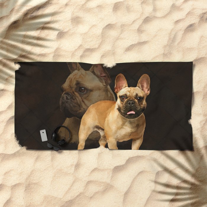 French Bulldog Frenchie Brown Plaid Beach Towel by