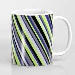 [ Thumbnail: Colorful Midnight Blue, Light Gray, Light Green, Black, and Dim Grey Colored Stripes/Lines Pattern Coffee Mug ]