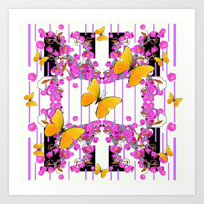 White Color Yellow Butterflies Pink Flowers Black Art Print
