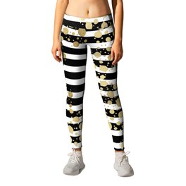 Faux Gold Paint Splatter on Black & White Stripes Leggings | Graphic Design, Abstract, Painting, Pattern 