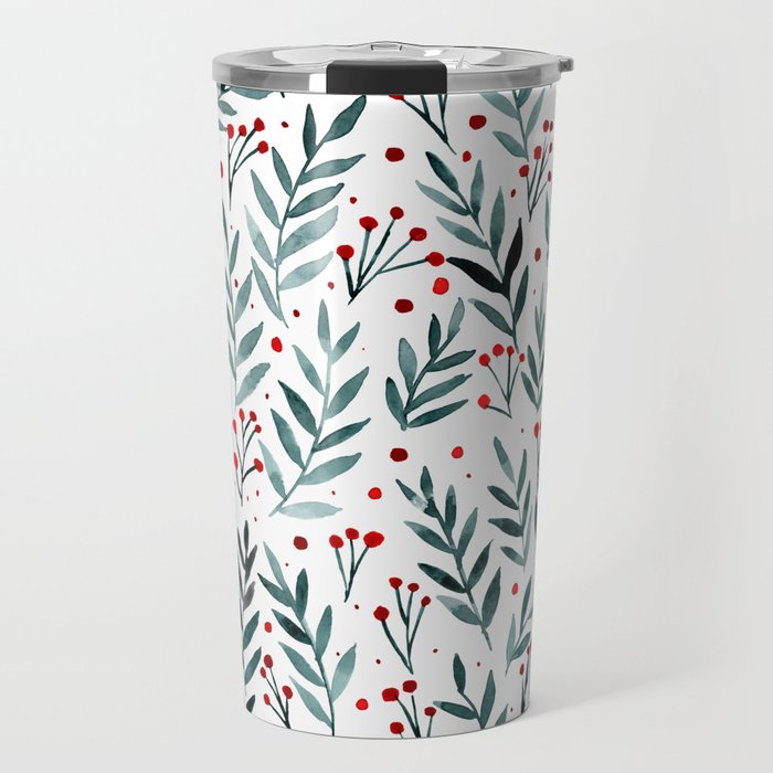 Festive watercolor branches - teal and red Travel Mug