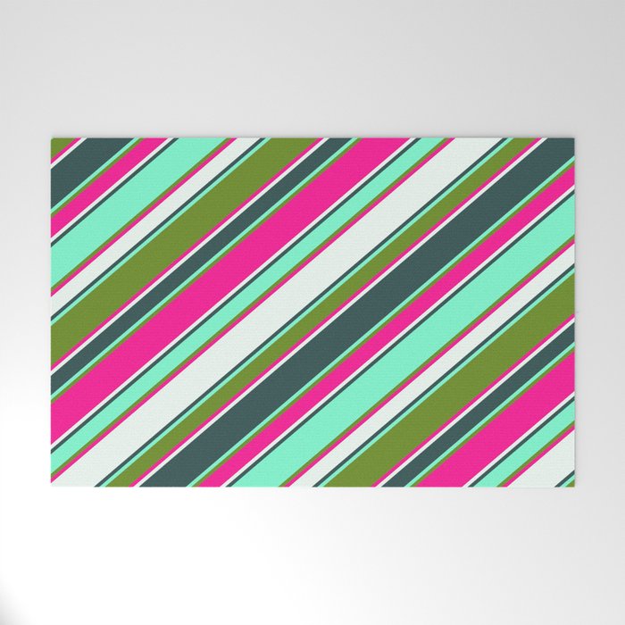 Vibrant Deep Pink, Mint Cream, Dark Slate Gray, Aquamarine, and Green Colored Lines/Stripes Pattern Welcome Mat