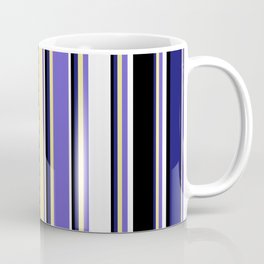 [ Thumbnail: Colorful Midnight Blue, Tan, Slate Blue, White, and Black Colored Lined/Striped Pattern Coffee Mug ]