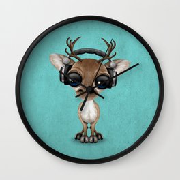 Cute Musical Reindeer Dj Wearing Headphones on Blue Wall Clock