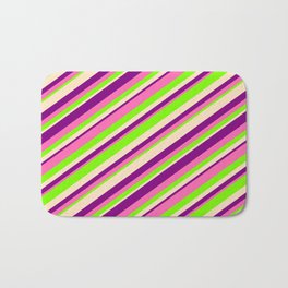 [ Thumbnail: Purple, Hot Pink, Green & Bisque Colored Lined Pattern Bath Mat ]