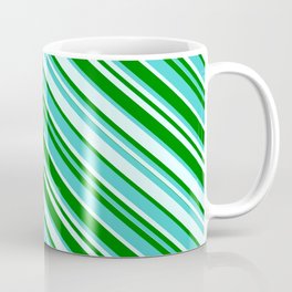 [ Thumbnail: Green, Turquoise & Light Cyan Colored Lined/Striped Pattern Coffee Mug ]