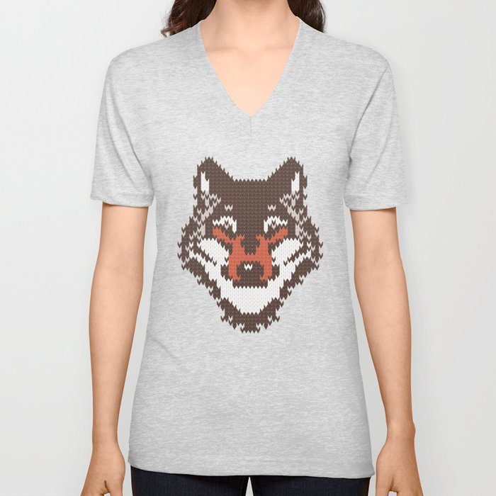 Fair isle knitting grey wolf // oak and taupe brown wolves orange moons and pine trees V Neck T Shirt