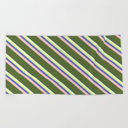 [ Thumbnail: Colorful Yellow, Royal Blue, Pink, Dark Olive Green, and Light Cyan Colored Lined/Striped Pattern Beach Towel ]
