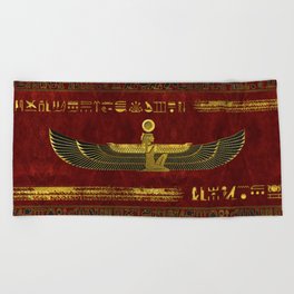 Golden Egyptian God Ornament on red leather Beach Towel