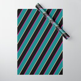 [ Thumbnail: Deep Pink, Teal, Tan, and Black Colored Stripes/Lines Pattern Wrapping Paper ]