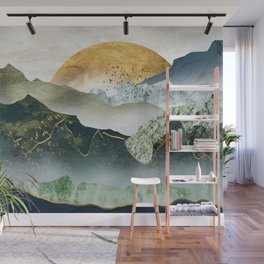 The green golden mountains by sunset Wall Mural