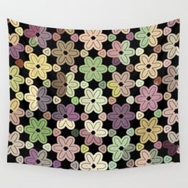Multicolor Sepia Green Modern Daisies on Black Wall Tapestry
