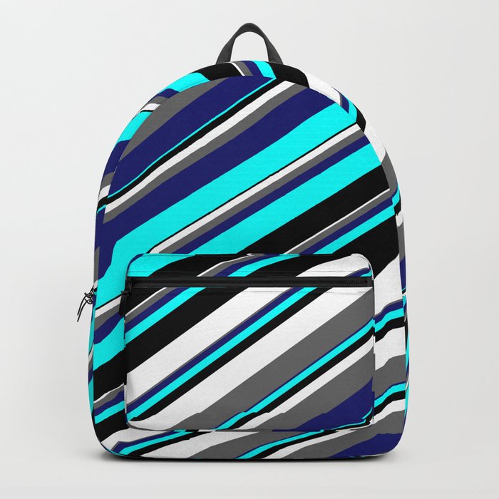 Aqua, Black, White, Dim Gray & Midnight Blue Colored Stripes/Lines Pattern Backpack