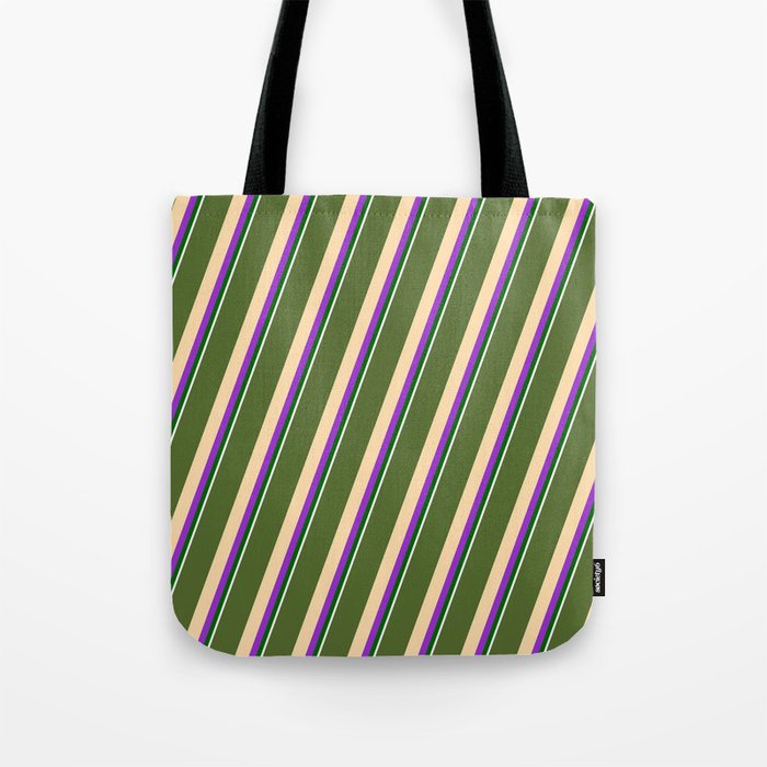 Dark Olive Green, Tan, Dark Orchid, Dark Green, and White Colored Striped/Lined Pattern Tote Bag