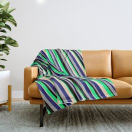[ Thumbnail: Eyecatching Green, Bisque, Midnight Blue, Dark Grey, and Black Colored Lines/Stripes Pattern Throw Blanket ]
