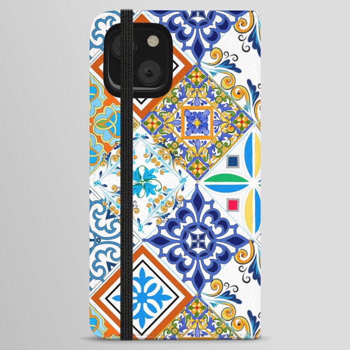 Tiles,mosaic,azulejo,quilt,Portuguese,majolica,lemons,citrus. iPhone Wallet Case