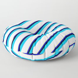 [ Thumbnail: Vibrant Tan, Blue, Black, Deep Sky Blue, and White Colored Striped/Lined Pattern Floor Pillow ]