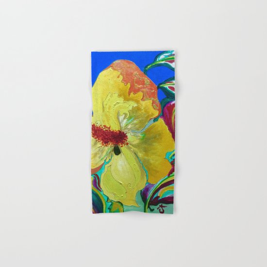 Birthday Acrylic Yellow Orange Hibiscus Flower Painting with Red and Green Leaves Hand & Bath Towel
