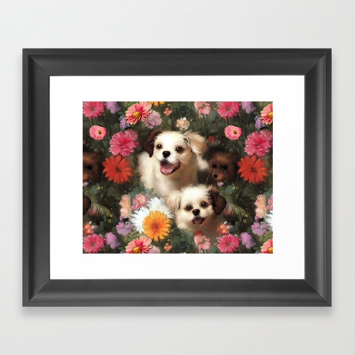 Cute Doggies In The Garden Framed Art Print