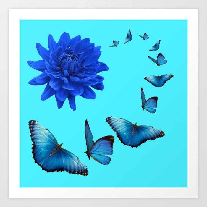 BLUE DAHLIA FLOWER & BLUE BUTTERFLIES ALLURE Art Print