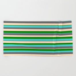 [ Thumbnail: Green, Turquoise, Dim Grey, and Bisque Colored Striped/Lined Pattern Beach Towel ]