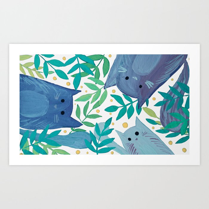 Cats and branches - blue and green Art Print