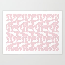 Rabbit Pattern | Rabbit Silhouettes | Bunny Rabbits | Bunnies | Hares | Pink and White | Art Print