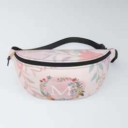 Flower Wreath with Personalized Monogram Initial Letter M on Pink Watercolor Paper Texture Artwork Fanny Pack