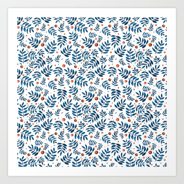 Leaves and Dots pattern in blue and orange Art Print