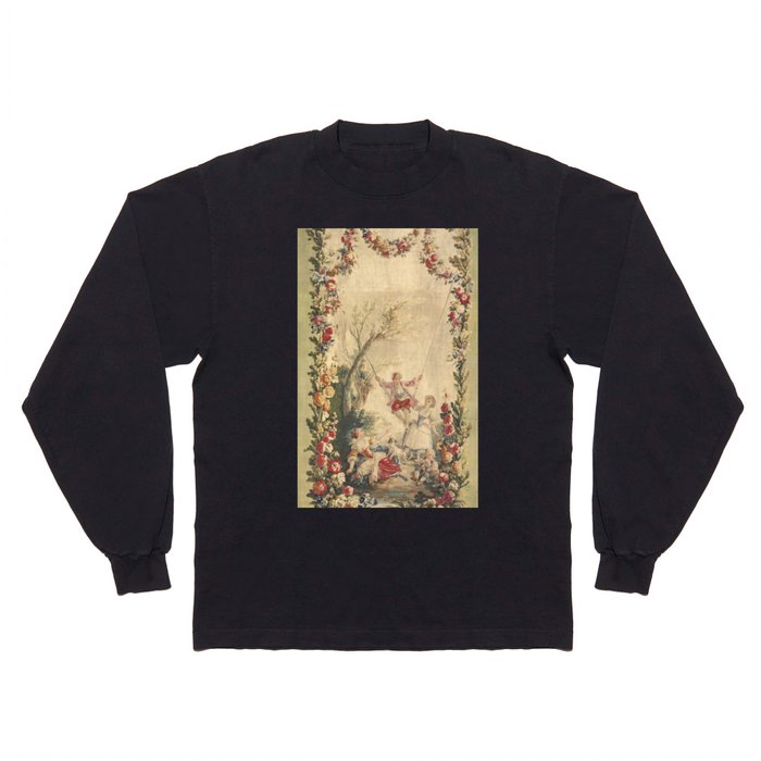 Antique 18th Century 'Boy on a Swing' Pastoral French Tapestry Long Sleeve T Shirt