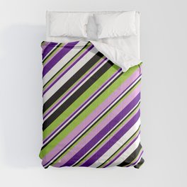 [ Thumbnail: Green, Plum, Indigo, White & Black Colored Lines/Stripes Pattern Comforter ]