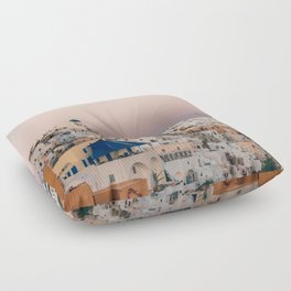 Sunset over Oia, Santorini | White houses, pink sky and golden hour | Travel photography in Greece Floor Pillow