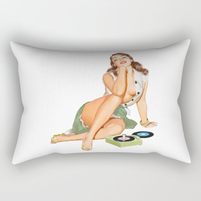 Vintage Pin Up Girl With Two Vinyls, A Green Skirt And Red Nails Rectangular Pillow