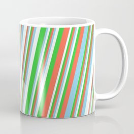 [ Thumbnail: Red, Sky Blue, Mint Cream, and Lime Green Colored Pattern of Stripes Coffee Mug ]