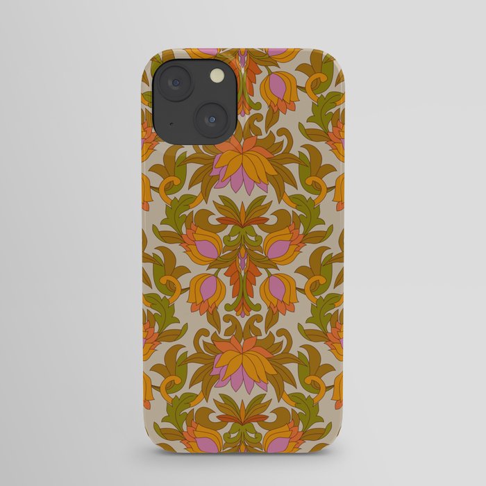 Orange, Pink Flowers and Green Leaves 1960s Retro Vintage Pattern iPhone Case